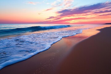 Gentle waves lapping at the beach, with the horizon bathed in the soft pinks and oranges of sunrise