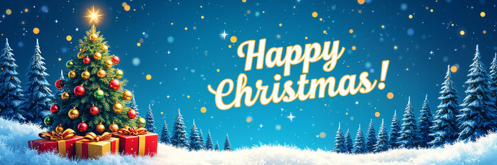 Festive Christmas scene with a tree, presents, and snowy pine trees against a blue sky backdrop.