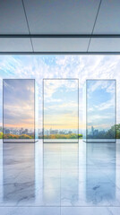 Three large windows offer a view of a city skyline.