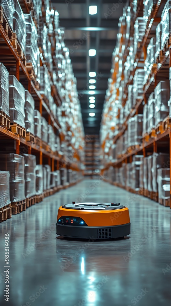 Poster automated guided vehicle (agv) driving down an aisle in a warehouse.