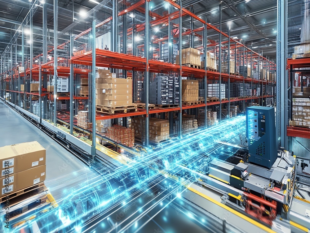 Aufkleber automated warehouse with a conveyor belt carrying boxes and a digital network.