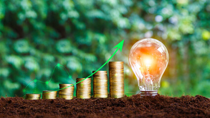 Investment in Renewable energy, global warming. natural background light bulb on green leaf....