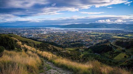 Christchurch cityscape with modern buildings, park, and river. Urban landscape with beautiful architecture and panoramic view of city at sunset. New Zealand tourism, travel, and touristic destination.