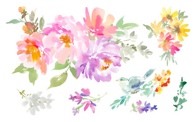 A set of abstract watercolor-painted vector illustrations of flowers and birds. A hand-drawn design set of peonies, birds, and plants for ads, invitations, textiles, banners, and backgrounds.