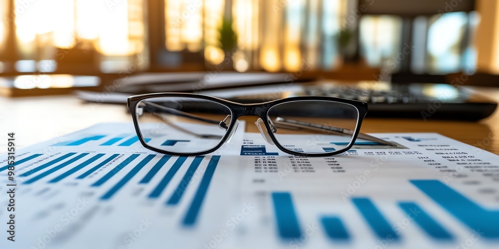 Poster black framed eyeglasses on a financial report with bar graphs.