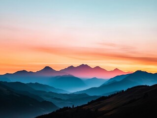 Obraz premium Sunrise over a serene mountain landscape, the sky painted in soft pinks and oranges as the first light touches the peaks