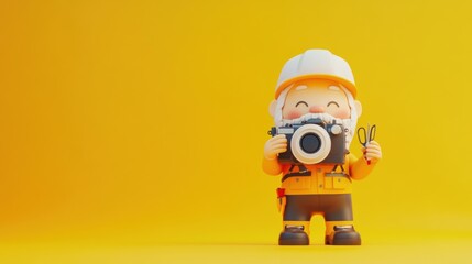 Fototapeta premium A cheerful cartoon character holding a camera, ready to capture moments against a bright yellow background.