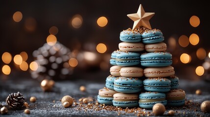 Obraz premium A Christmas tree made of macarons, in shades of blue and gold, with a star on top, set against a dark background with twinkling lights
