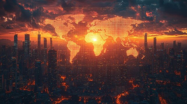 a futuristic poster for World Tourism Day with a holographic map showing popular travel destinations, a futuristic cityscape, and digital travel icons, in cyberpunk style