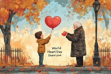 a heartwarming poster for World Heart Day featuring a child giving a heart-shaped balloon to an elderly person, with warm autumn colors, in impressionist style  for World Heart Day