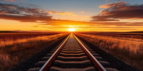 Obraz premium Train tracks leading off into the far horizon, with a setting sun casting a golden glow across the landscape