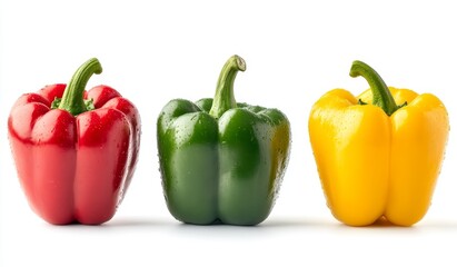 Three bell peppers, red, green, and yellow, in a row, with water drops on them, on a white background.