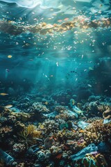 Fototapeta premium Underwater Coral Reef with Plastic Pollution