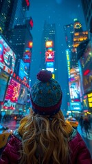 Bustling New York City street at night with yellow taxis towering skyscrapers and glowing neon signs under a dark sky