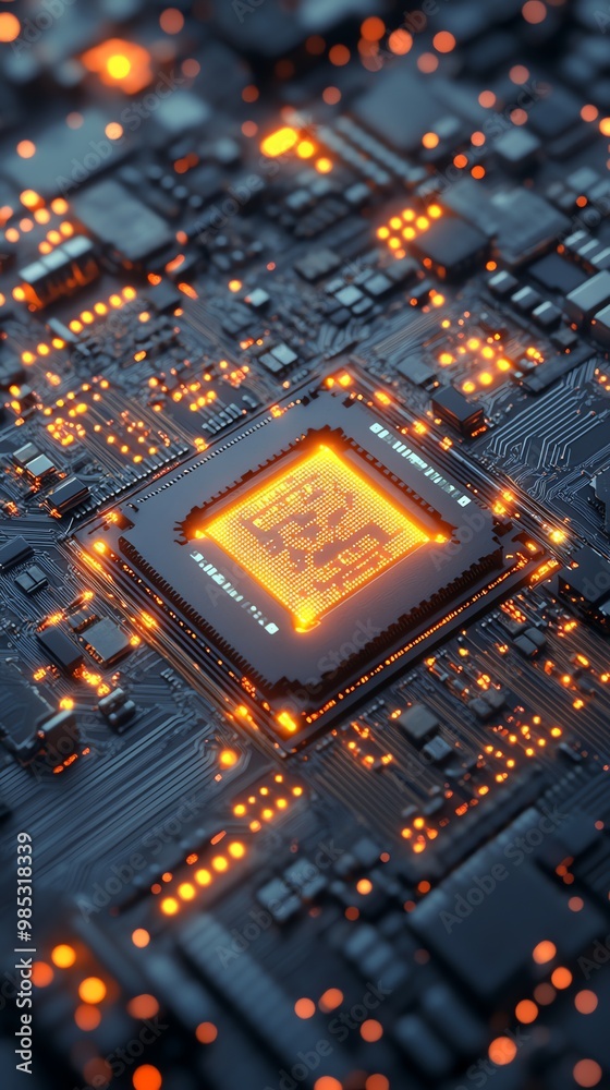 Poster close up of a glowing computer chip on a motherboard.