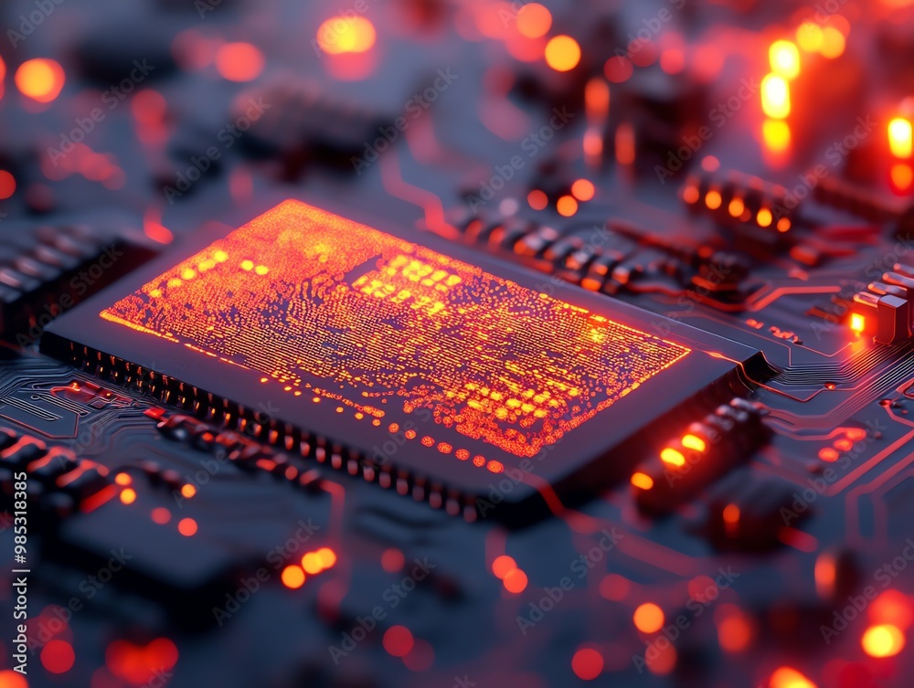 Aufkleber Close up of a glowing red circuit board with a chip in the center.