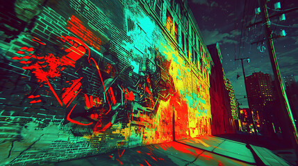 Obraz premium Urban scene with vibrant graffiti on brick wall, illuminated by colorful lights. atmosphere is dynamic and energetic, showcasing street art in city setting