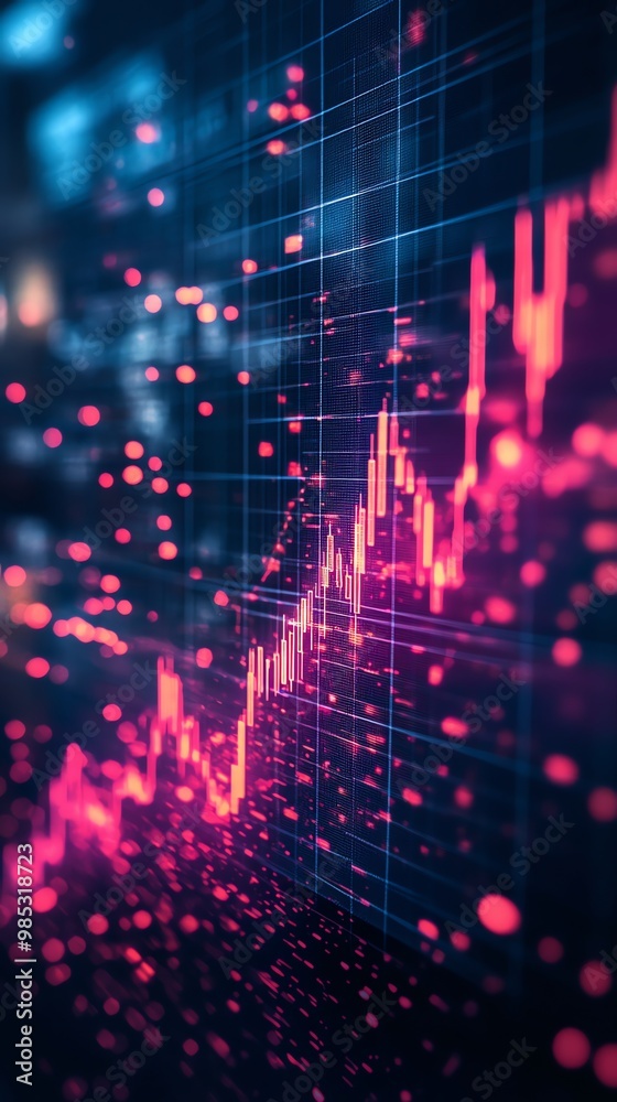 Aufkleber close up of a rising stock market graph on a screen with red glowing lights.
