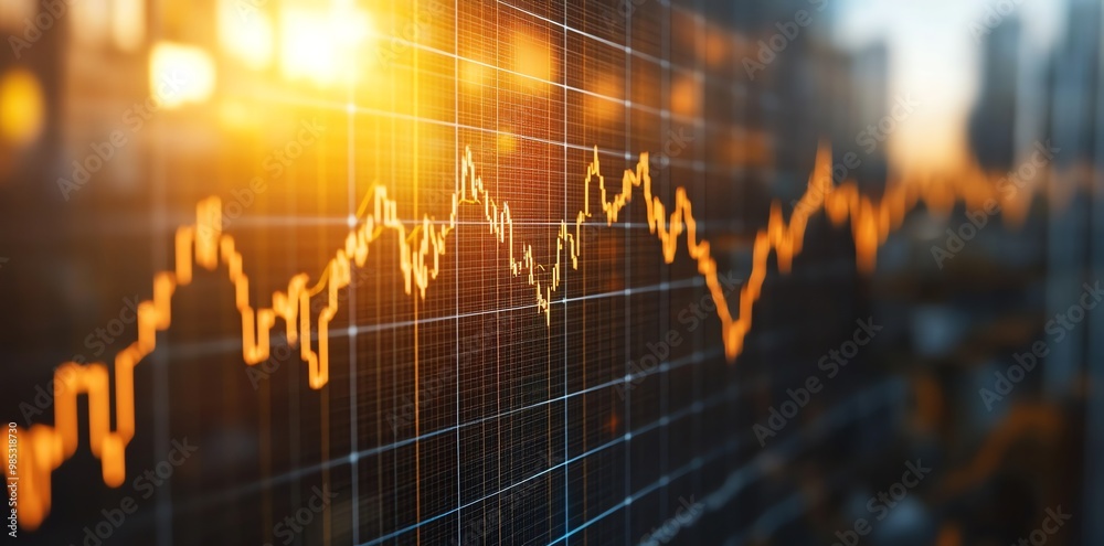Poster close up of a stock market chart with a glowing orange line.