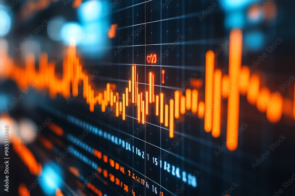 Poster close up of an orange stock market graph on a digital screen.