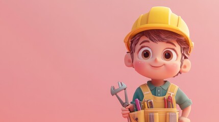 A cheerful cartoon boy in a construction outfit holding a wrench, ready for work.