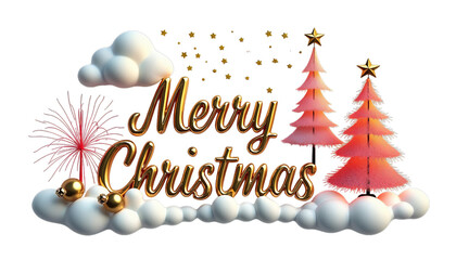 3D text Merry Christmas with christmas tree and christmas stuff decorative on transparent background