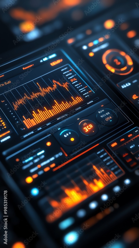 Aufkleber Close up view of a glowing futuristic digital interface with graphs and buttons.