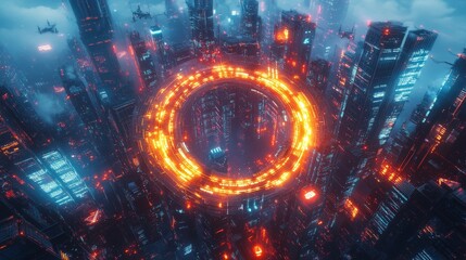 Obraz premium A sleek circular drone docking station, set in the center of a bustling futuristic metropolis, neon-lit skyscrapers, glowing drones in the air, cyberpunk, 3D render, vibrant blues and purples