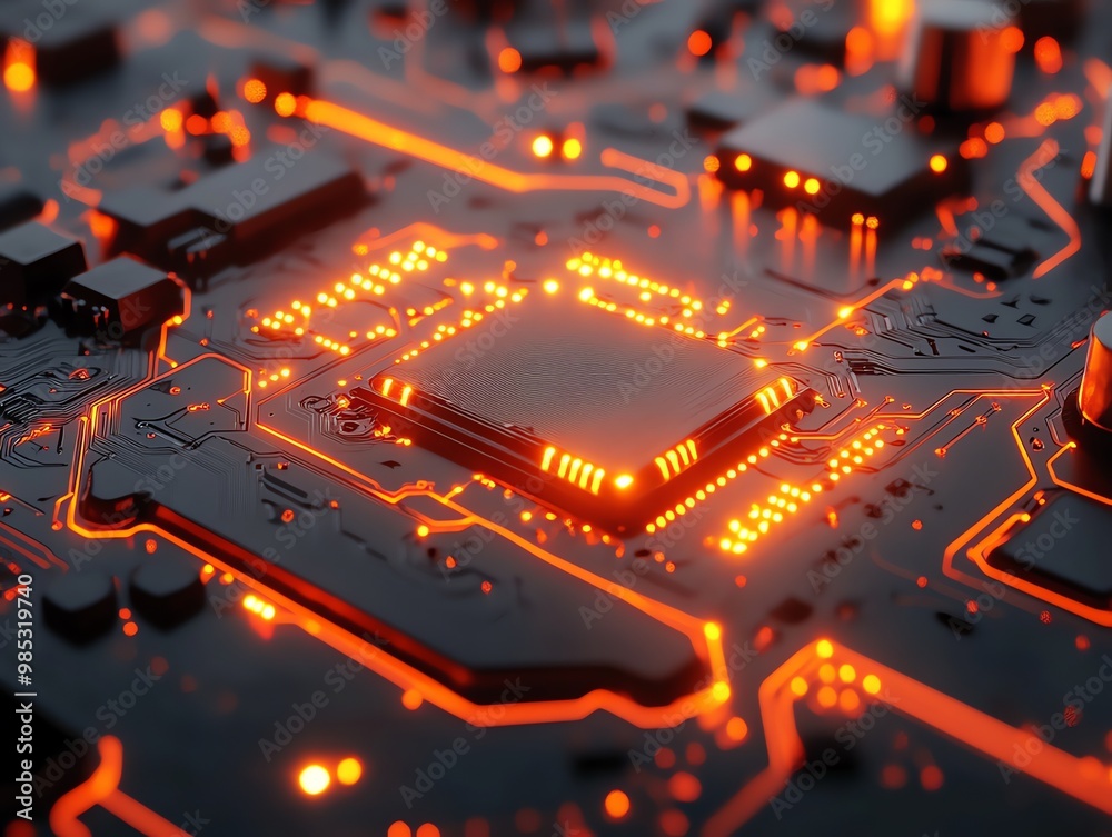 Aufkleber Close-up of a circuit board with glowing orange lines and a central processor.