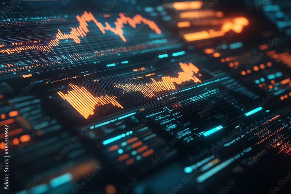 Poster Close-up of a computer screen with glowing orange and blue data charts and graphs.