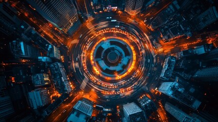 Fototapeta premium Aerial view of a vibrant roundabout at night, with city lights reflecting on car windows, creating a glowing circle of motion, seamless traffic flow