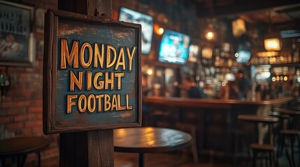 Sign that reads “MONDAY NIGHT FOOTBALL”. - bar - pub - televisions - wings - bar stools - rustic - hole in the wall - sports bar 