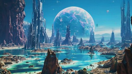A planet with alien marine life and possibly underwater cities.