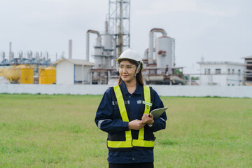 Female engineer surveys construction site. Engineer works outdoors next to power plant