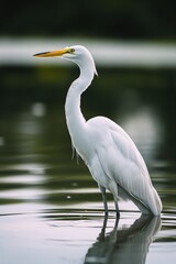 Naklejka premium White heron stands in lake with long neck extended upwards, beak pointed towards sky. Heron is positioned in middle of body of water with blurred background of trees and foliage.