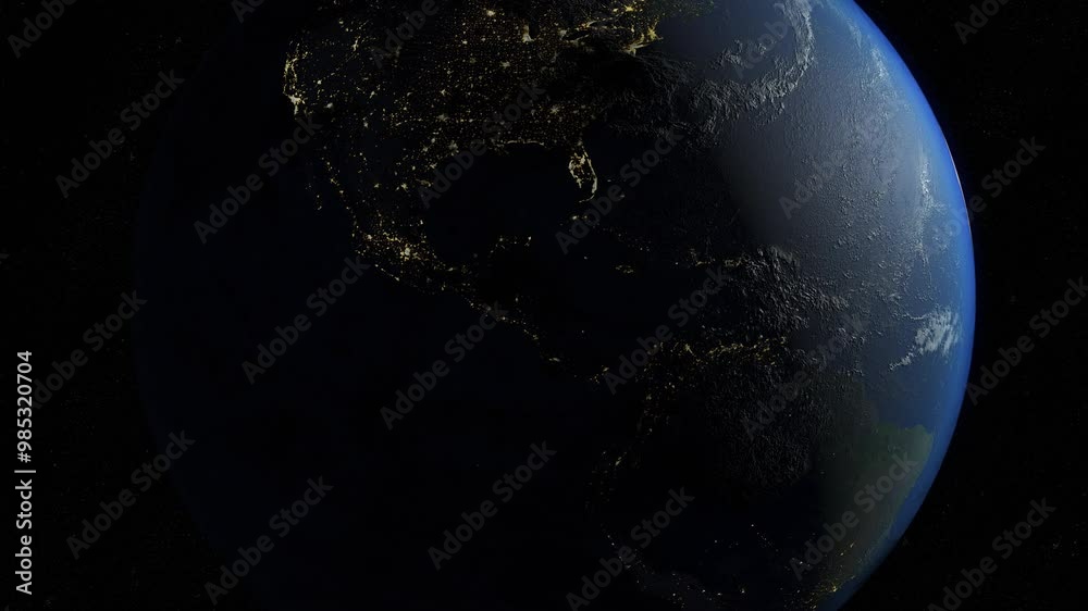 Wall mural planet earth video from above looking towards the continents rotating in a realistic 3d animation, d