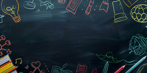 Chalkboard with creative doodles of learning tools," "Back to school chalkboard with colorful icons