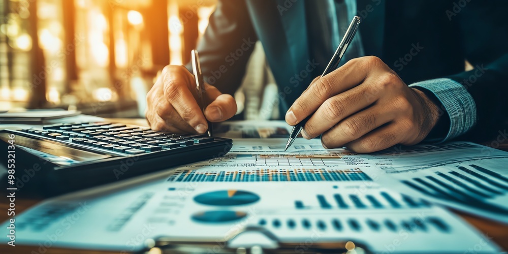 Aufkleber Close-up of a man's hand holding a pen and analyzing financial charts while using a calculator.