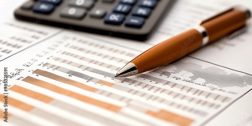 Aufkleber Close-up of a pen lying on a table with a calculator and financial charts in the background.