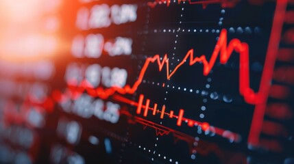 Fototapeta premium Close-up of downward-trending line graph on digital screen, symbolizing drop in earnings, financial decline visualized with charts and numbers.