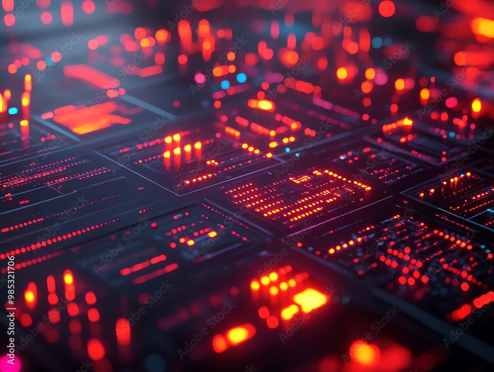 Poster close-up of a red and black circuit board with glowing lights.