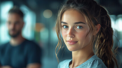 Obraz premium Young woman with blue eyes smiles at the camera.
