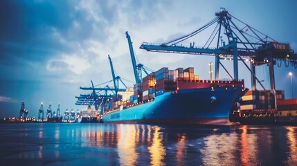 Fototapeta premium Large cargo ship docked at empty port with stacked containers and idle cranes, symbolizing port strike and industrial tension.