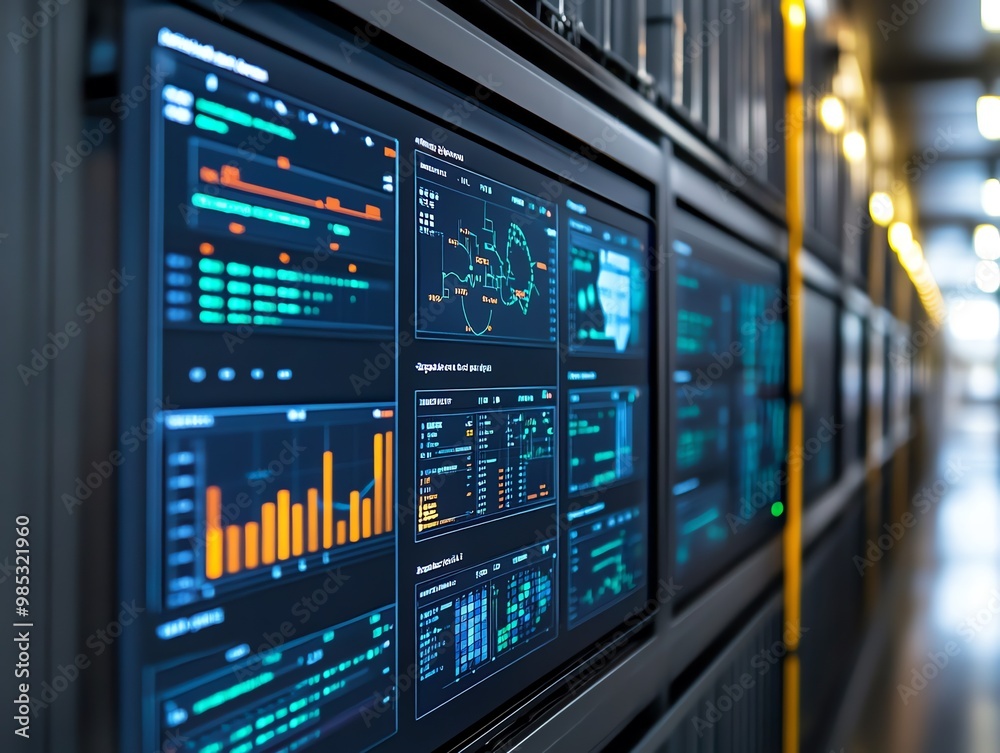 Poster Close-up of a server rack with multiple monitors displaying graphs and data.