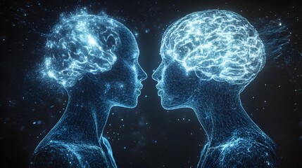 Couple's profiles in an x-ray style, showing holographic brains interconnected with digital data streams, symbolizing shared intelligence, Sci-fi, Blue hues, 3D render, Glowing brain synapses