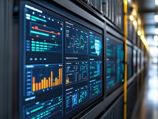 Close-up of a server rack with multiple monitors displaying graphs and data.