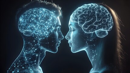 Couple's profiles in an x-ray style, showing holographic brains interconnected with digital data streams, symbolizing shared intelligence, Sci-fi, Blue hues, 3D render, Glowing brain synapses