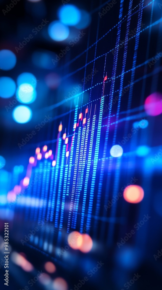 Poster close-up of a stock market graph with blue and red lights.
