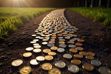 Money Road. A path made of coins, leading toward a bright future, symbolizing the journey toward financial freedam.