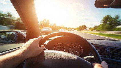Driving down the highway with sunlight streaming through the window.